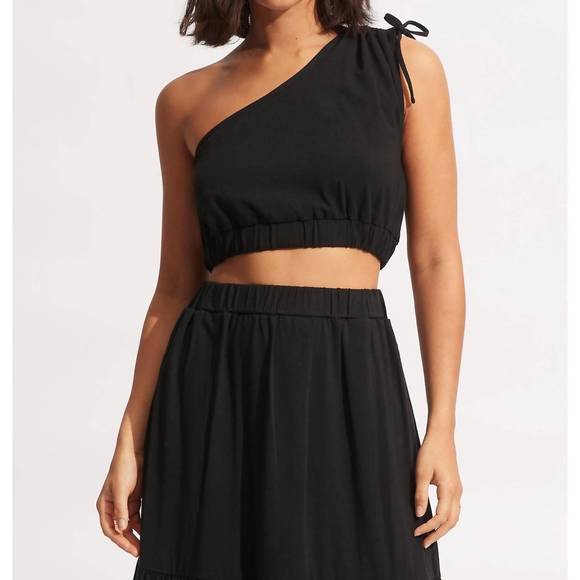 NEW SEAFOLLY one shoulder crop top in knit black - Picture 3 of 7